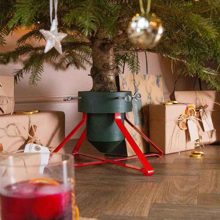 Green & Red Premium Real Christmas Tree Stand - Medium