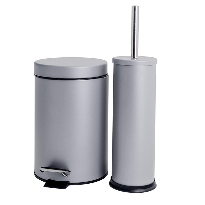 Grey Round Stainless Steel Toilet Brush & Bin Set