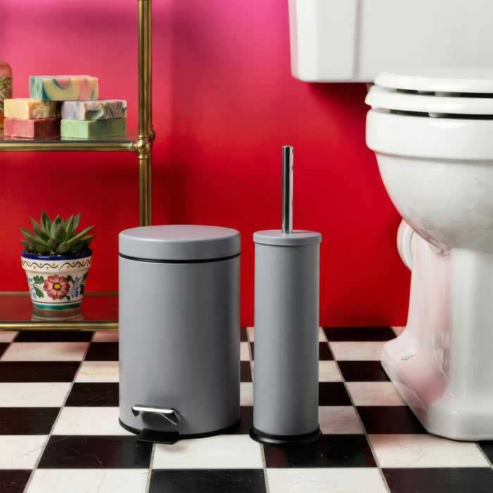 Grey Round Stainless Steel Toilet Brush & Bin Set