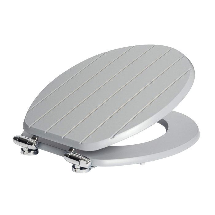 Grey soft-close tongue and groove MDF wood toilet seat with chrome hinges, from Harbour Housewares, product image on white background