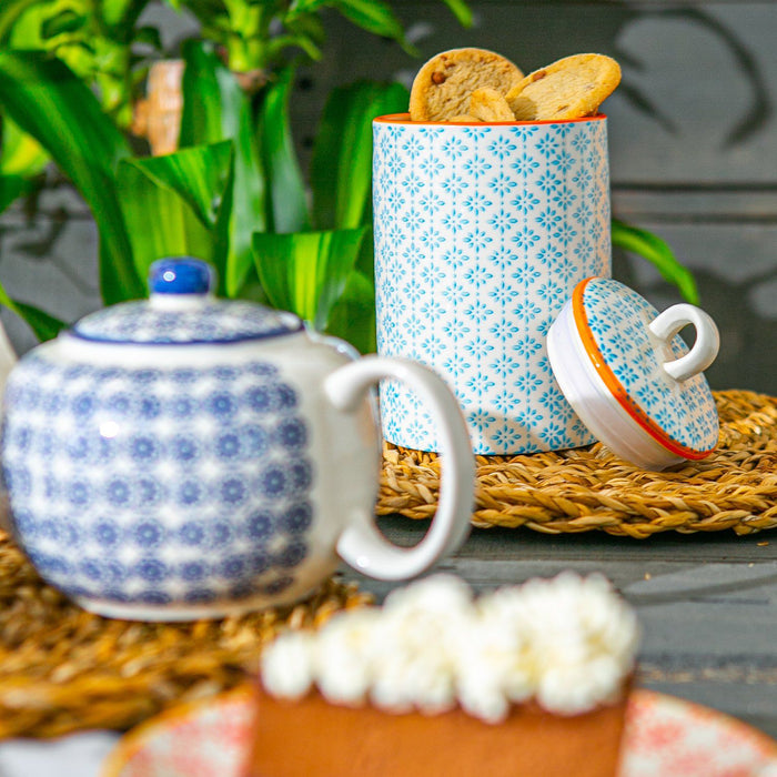 Hand Printed Blue Stoneware Kitchen Canister
