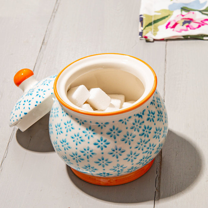 Hand Printed Blue Stoneware Sugar Bowl