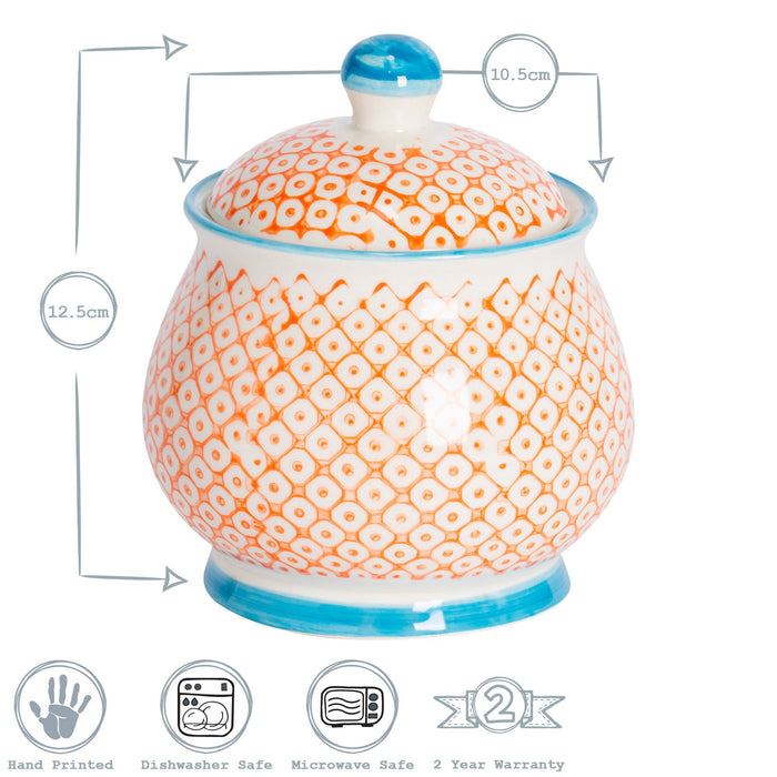 Hand Printed Orange Stoneware Sugar Bowl