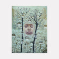 The artwork 'Heavenly Dew' features a dreamlike composition with two black silhouetted trees against a misty seafoam green background. Translucent water droplets appear suspended throughout the canvas, creating a ethereal effect. The trees branch upward through layers of crystalline spheres, showcasing a delicate interplay of light and shadow in mixed media by Crystal Marshall.