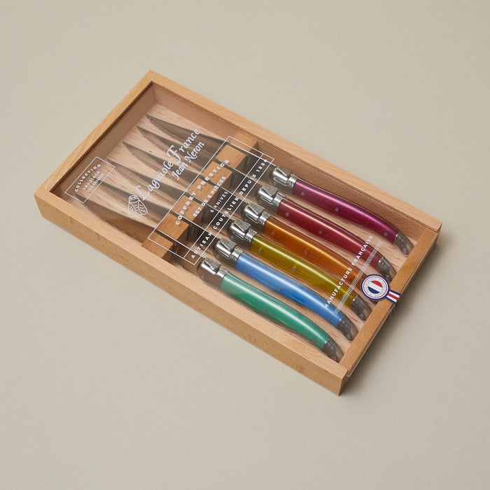 LAGUIOLE 6 PIECE STEAK KNIFE SET, RAINBOW IN WOOD BOX