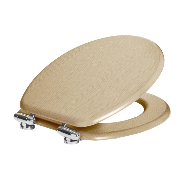 Light Oak soft-close tongue and groove MDF wood toilet seat with chrome hinges, from Harbour Housewares, product image on white background