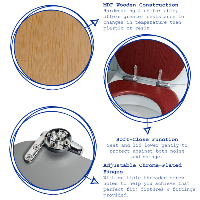 Graphic showing key features of light oak soft-close tongue and groove MDF wood toilet