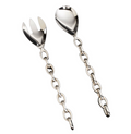 The Inspired Generations Linky Salad Set features handcrafted, polished aluminum servers with chain-link handles; includes one spoon and one fork.