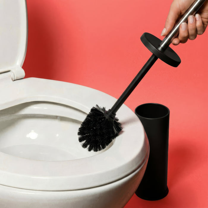 Matt Black Round Stainless Steel Toilet Brush & Bin Set