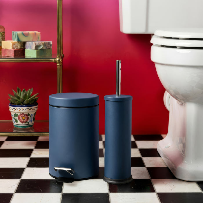 Matt Blue Round Stainless Steel Toilet Brush & Bin Set