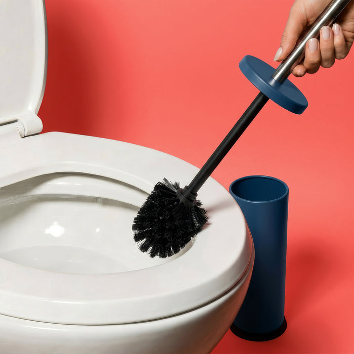 Matt Blue Round Stainless Steel Toilet Brush & Bin Set