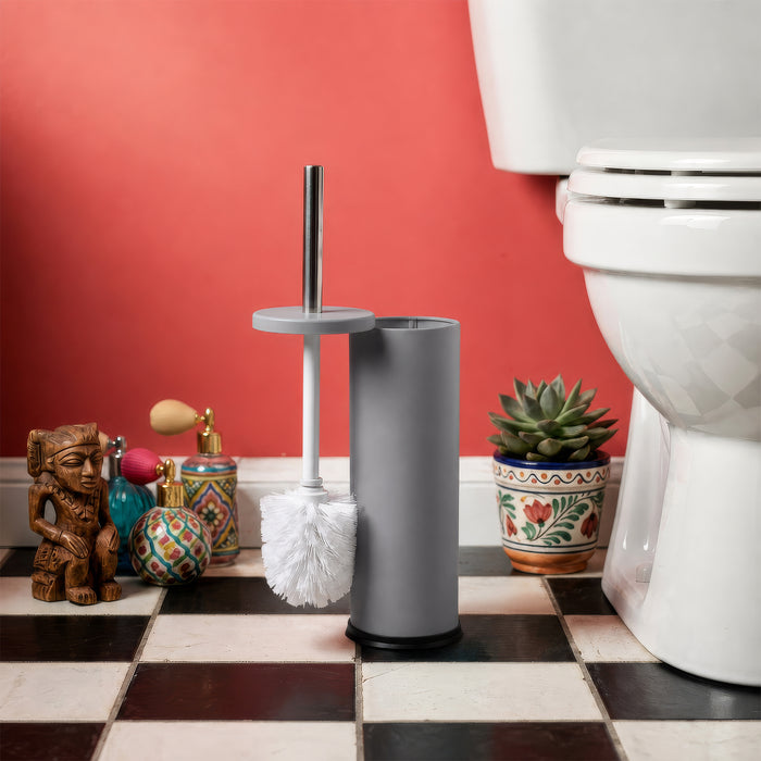 Matt Grey Round Stainless Steel Toilet Brush & Holder