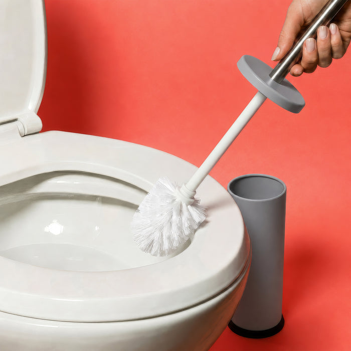 Matt Grey Round Stainless Steel Toilet Brush & Holder