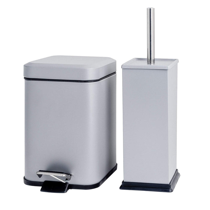 Matt Grey Square Toilet Brush & Bin Set