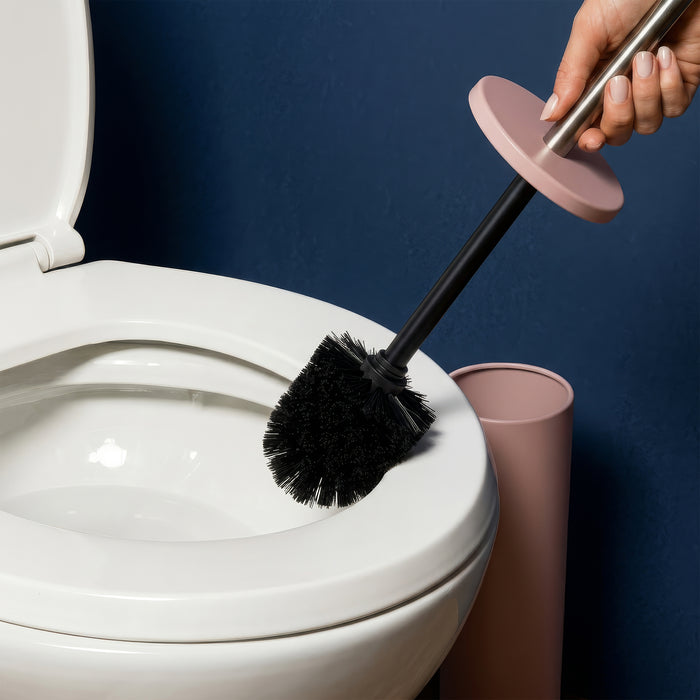 Matt Pink Round Stainless Steel Toilet Brush & Bin Set