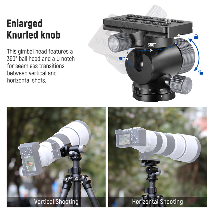 This gimbal head features a single U notch for 90° vertical shooting