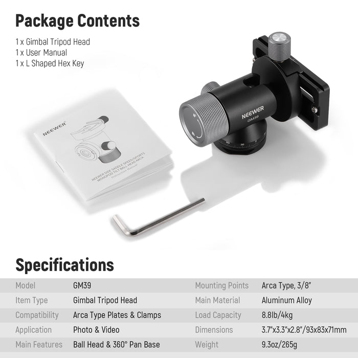 Package Contents of the NEEWER GM39 Gimbal Tripod Head