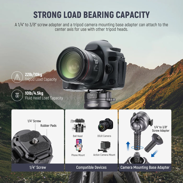 NEEWER LT32 Carbon Fiber Travel Tripod offers strong load bearing capacity.