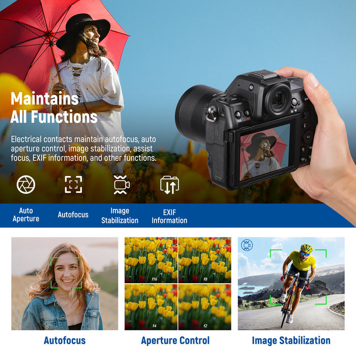 Electrical contacts maintain autofocus, auto aperture control, image stabilization, and other functions.