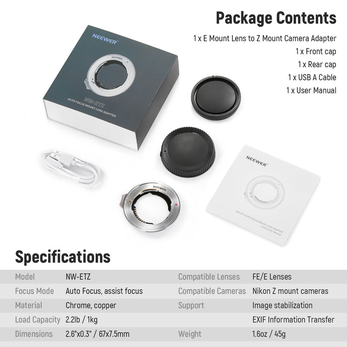 Specifications of the NEEWER NW-ETZ Autofocus Adapter Ring for Nikon
