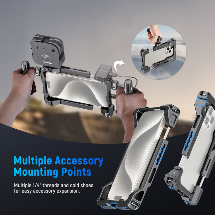 Multiple 1/4" threads and cold shoe mounts enable convenient accessory mounting.