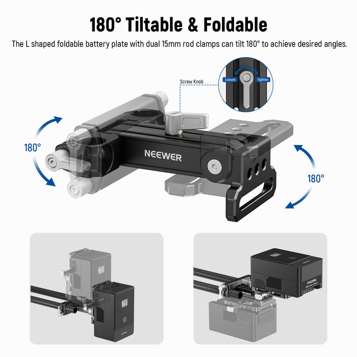 The L shaped foldable battery plate with dual 15mm rod clamps can tilt 180° for desired angles