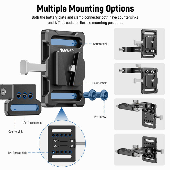 Two 1/4" countersinks and ten 1/4" thread holes allow you to mount it in different positions or on various accessories