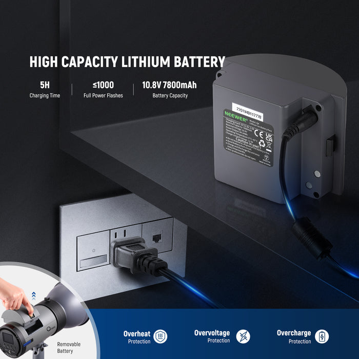 The 10.8V 7800mAh lithium battery ensures intelligent safeguarding for 1000 full power flashes with 0.4~2.5s fast recycling time