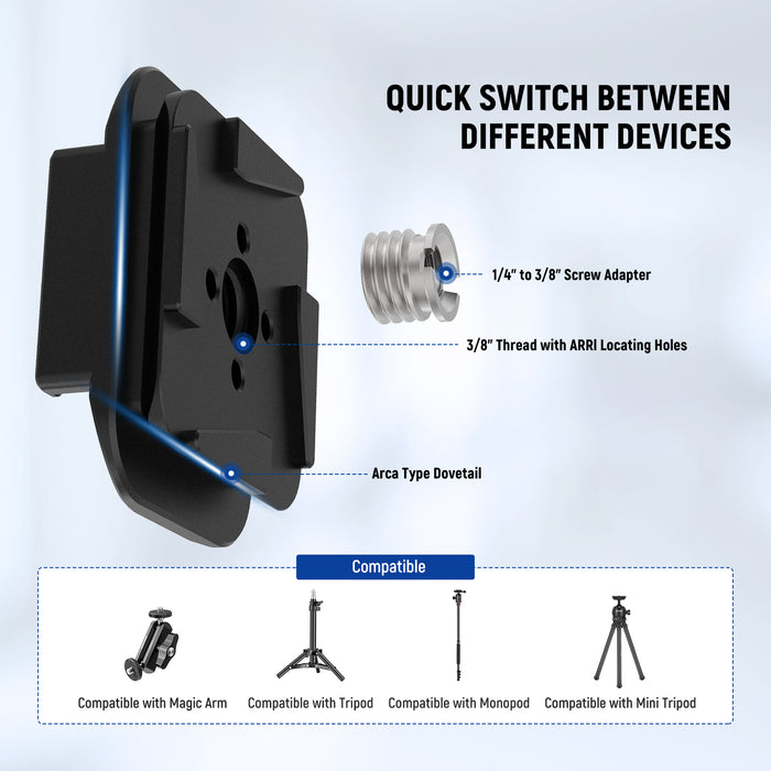 NEEWER QR016 Backpack Strap Mount Adapter allows for switching between different divices.