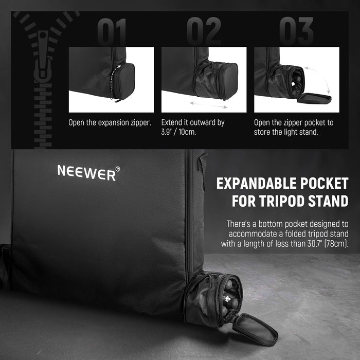 NEEWER RU-009 Ring Light Carrying Bag features an expandable pocket for a tripod stand.