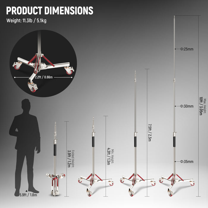 Product dimensions of the NEEWER SC305AW Light Stand with Wheels