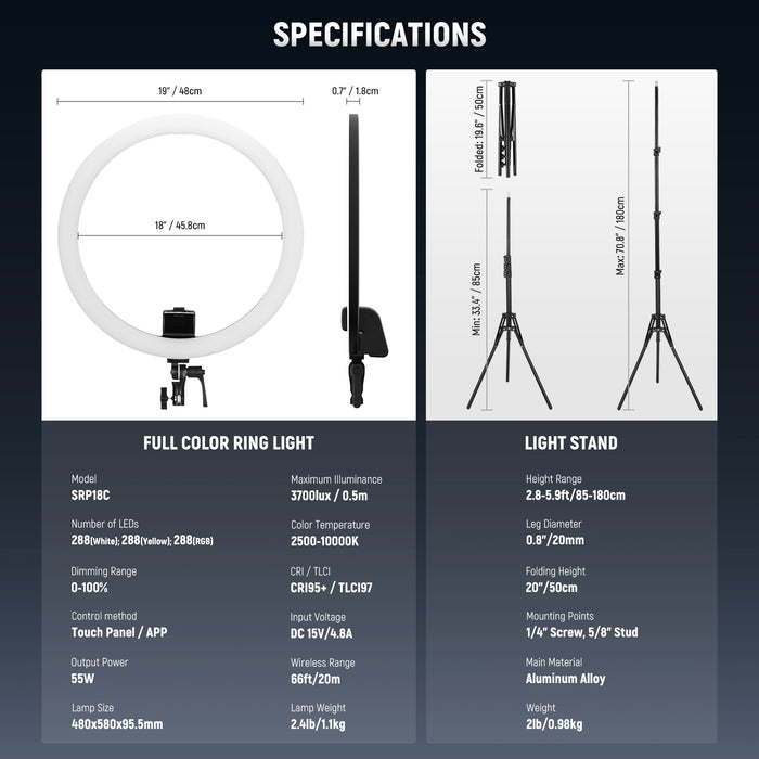 Specifications of the NEEWER SRP18C RGB LED Ring Light