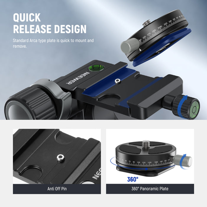 NEEWER TH15 3-Way Geared Tripod Head features quick release design.