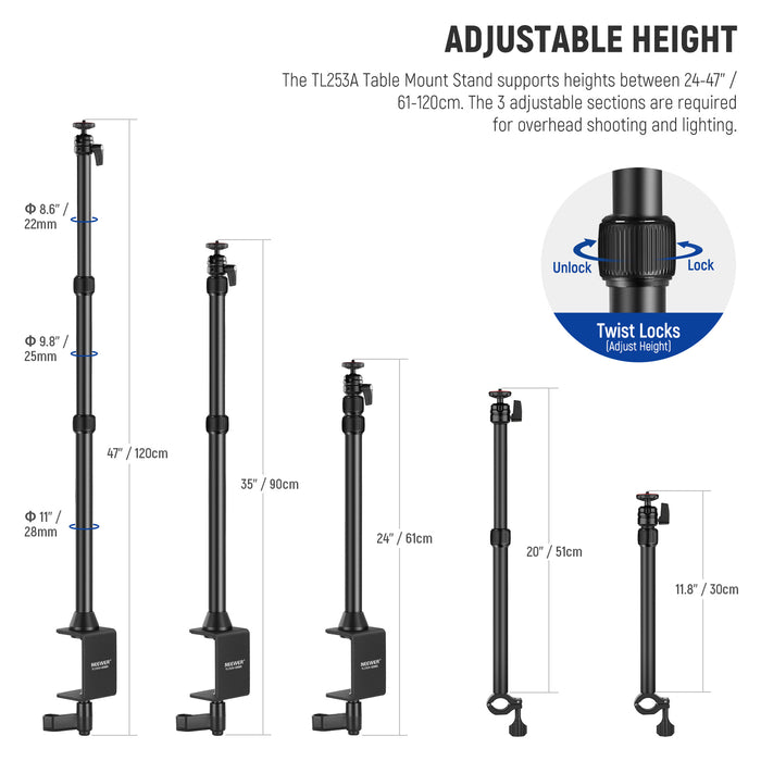 The TL253A telescopic desk light stand with 3 sections is extendable from 24" to 47"