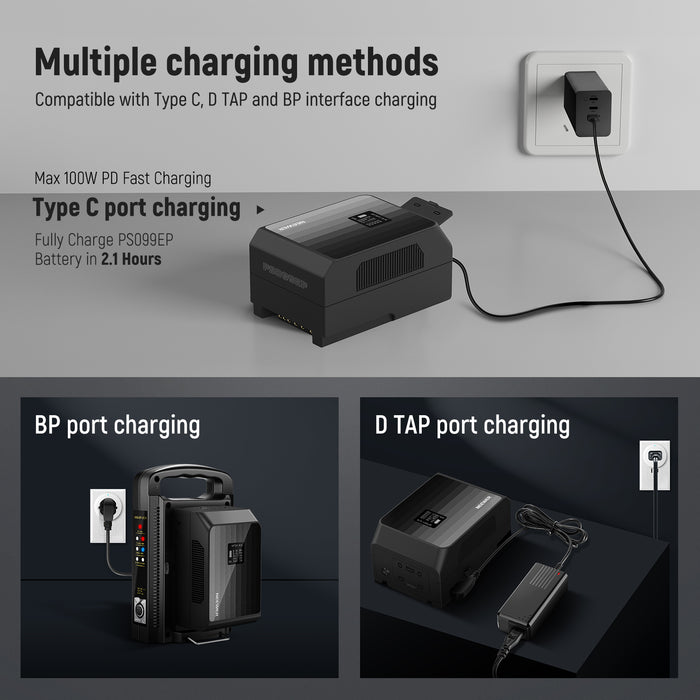 NEEWER PS099EP Mini V lock battery is compatible with Type C, D TAP and BP interface charging.