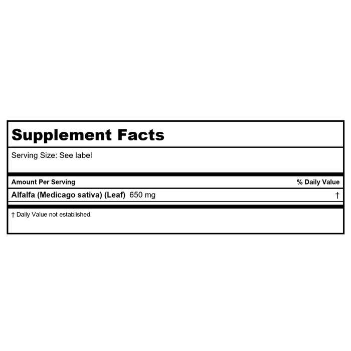 Now Foods Alfalfa 650 mg 250 Tablets - 2620 - Supplement Facts panel