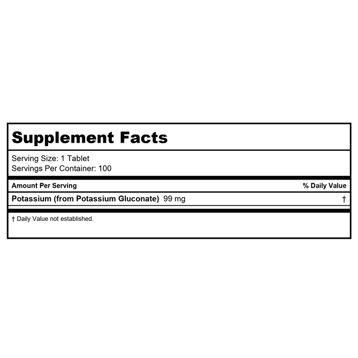Now Foods Potassium Gluconate 99 mg Vegetarian 100 Tablets - 1460 - Supplement Facts panel