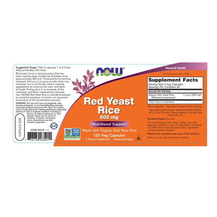 Now Foods Red Yeast Rice 600 mg 120 Vcaps - 3501 - The Oasis of Health