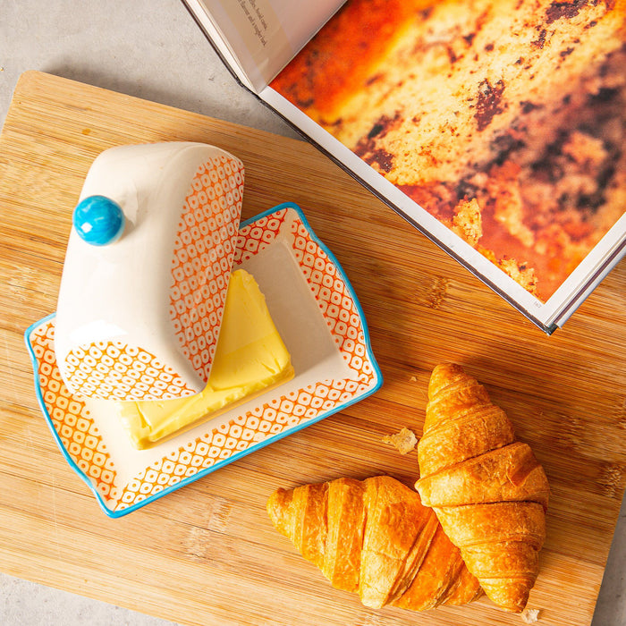 Orange Floral Hand Printed Stoneware Butter Dish
