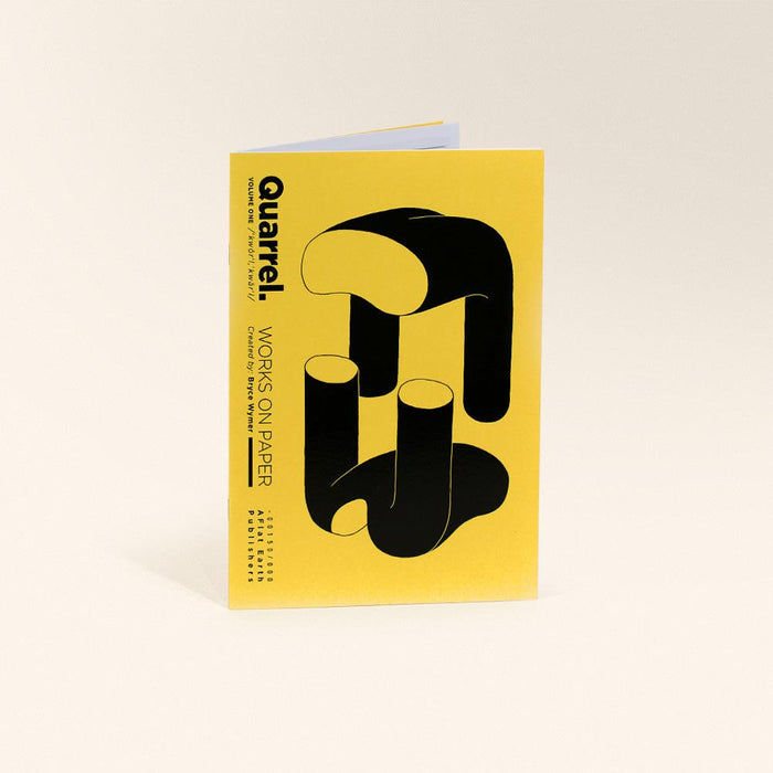 A vertical yellow zine titled Quarrel Works on Paper with black abstract shapes on the cover