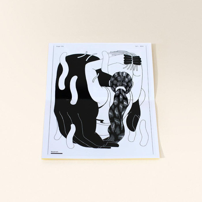 An open zine titled Quarrel with a black and white illustration of hands and a ponytail on a white page