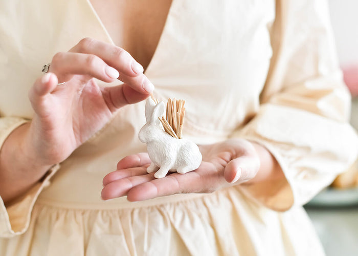 Cropped Close up of Woman Holding Rabbit Toothpick Holder