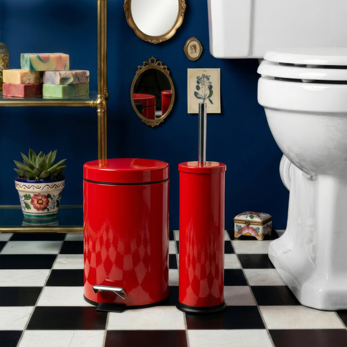 Red Round Stainless Steel Toilet Brush & Holder