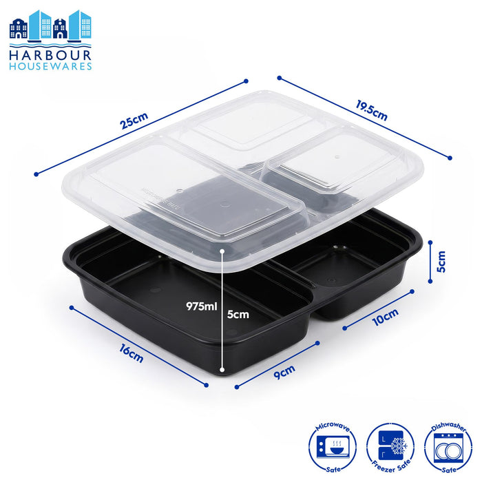 Reusable Meal Prep Containers - 3 Compartments (975ml) - Pack of 10