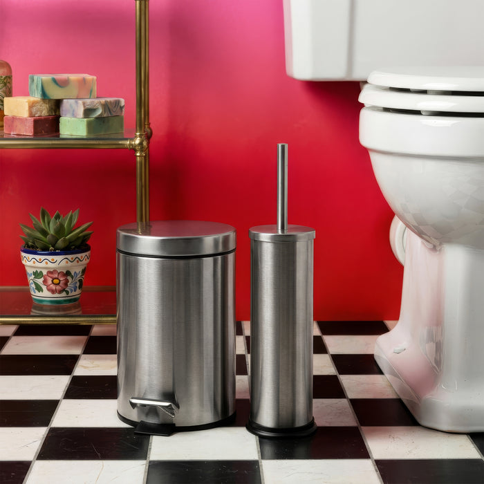 Round Brushed Stainless Steel Toilet Brush & Holder