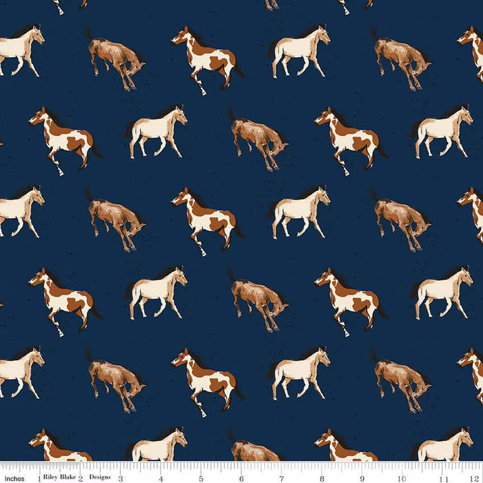 Single Layer Cotton Blanket - Wild Rose Horses Navy Cotton