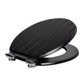 Black soft-close tongue and groove MDF wood toilet seat with chrome hinges, from Harbour Housewares, product image on white background