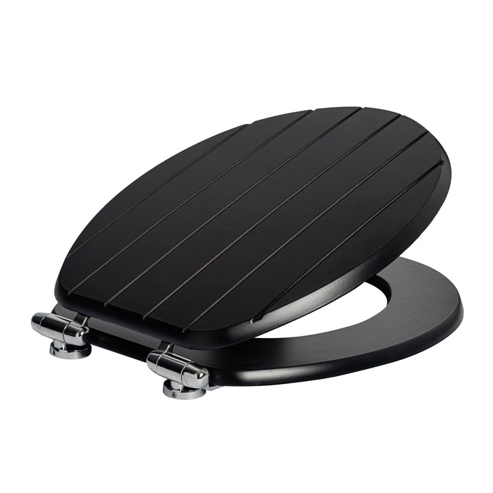 Black soft-close tongue and groove MDF wood toilet seat with chrome hinges, from Harbour Housewares, product image on white background