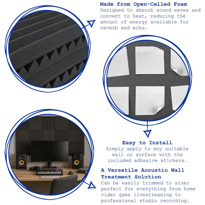 Square Foam Acoustic Panels - 2.5 x 30 x 30cm - Black - Pack of 12