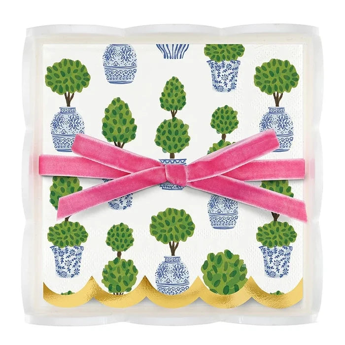 WHITE ACRYLIC TRAY with TOPIARY COCKTAIL NAPKINS
